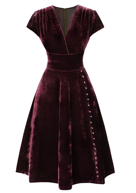 Red 1940s Deep V-Neck Pearl Velvet Dress